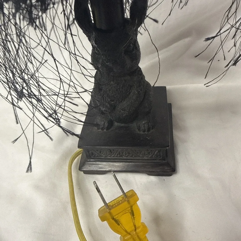 VTG Rabbit Table Lamp Bunny Base Fringe Shade Rustic Whimsy Cottage Goth Decor